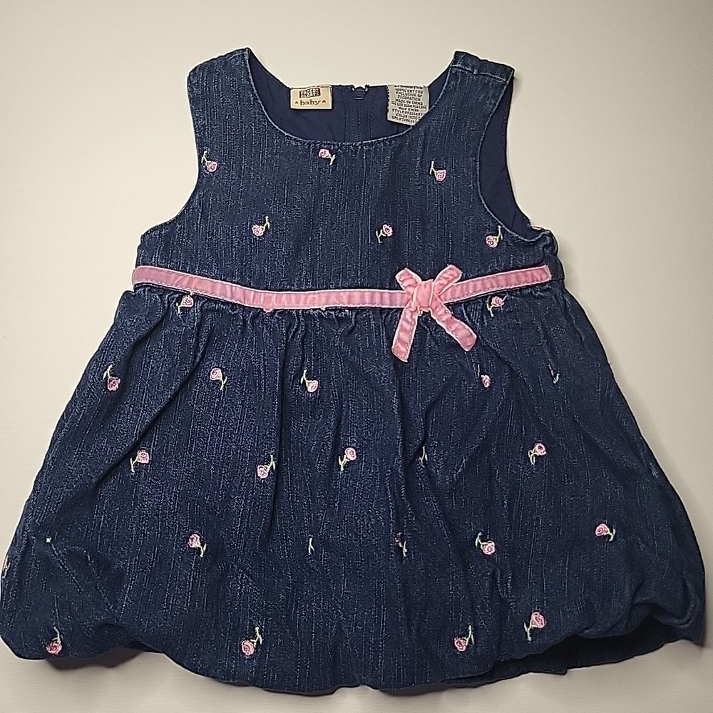 VINTAGE Faded Glory Girls Denim Bubble Dress Pink Embroidered‎ Flowers Sz 6-9mo